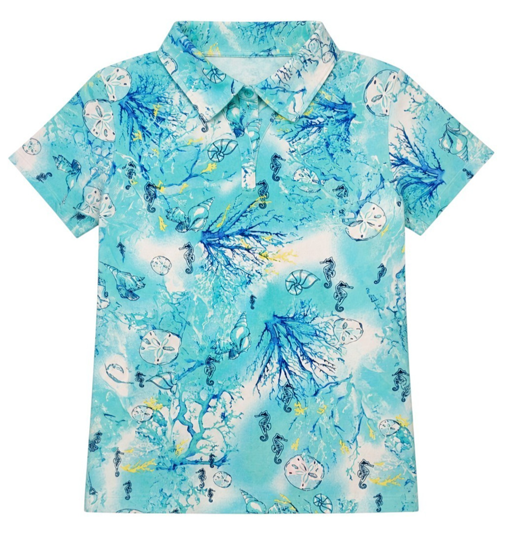 Palm Harbour Wms Sz M Polo Shirt Blue & White Ocean Seashell Print Cotton Knit